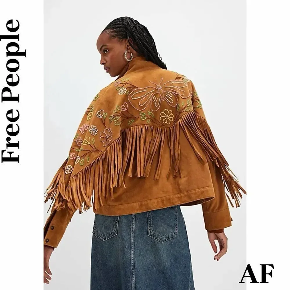 Free People Wila Western Suede Bomber Jacket in Whiskey Small NWT
